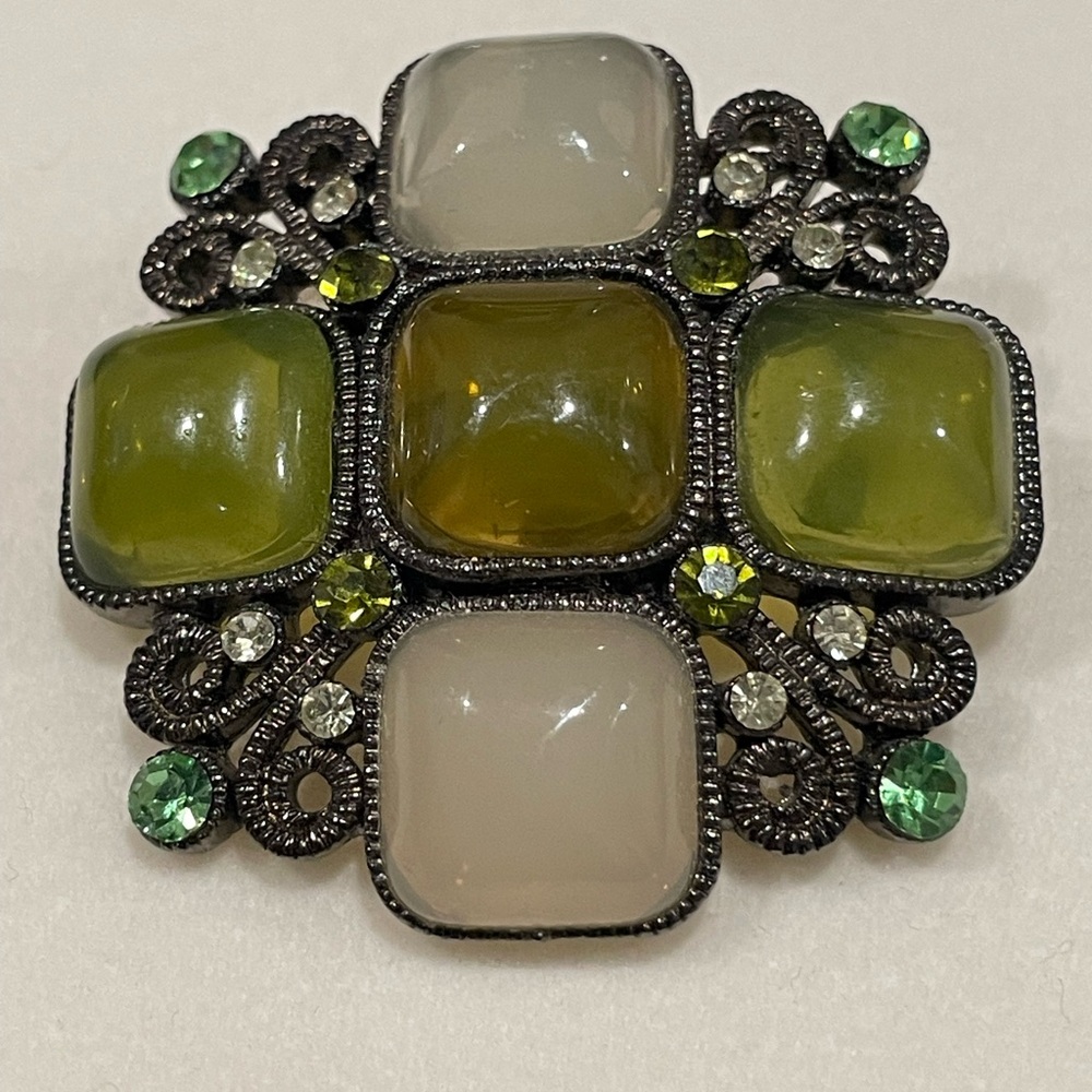 Pendant Brooch Glass Cabochon and Rhinestones